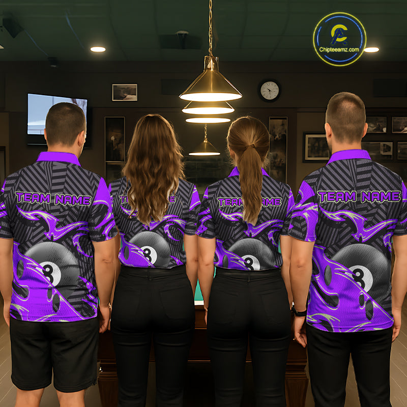 Custom Black Purple 8 Ball Tribal Flame Billiard Shirt For Men, Pool Team Jersey Polo & 1/4 Zip TDM5723