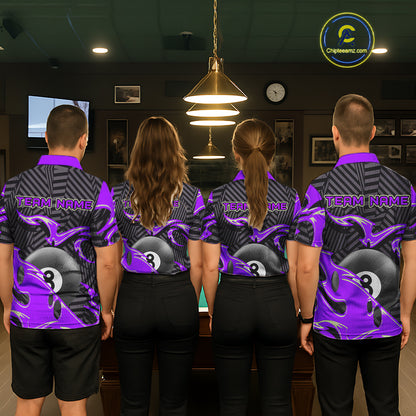 Custom Black Purple 8 Ball Tribal Flame Billiard Shirt For Men, Pool Team Jersey Polo & 1/4 Zip TDM5723