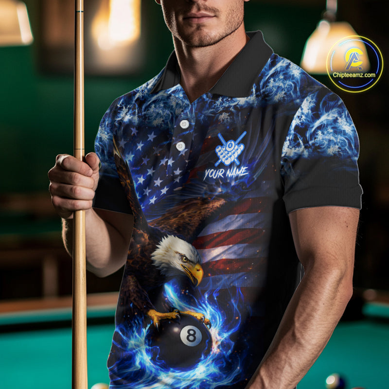 Blue Flaming Eagle 8 Ball Pool Billiard Shirt For Men Custom American Flag Billiard Team Jersey TDM5727