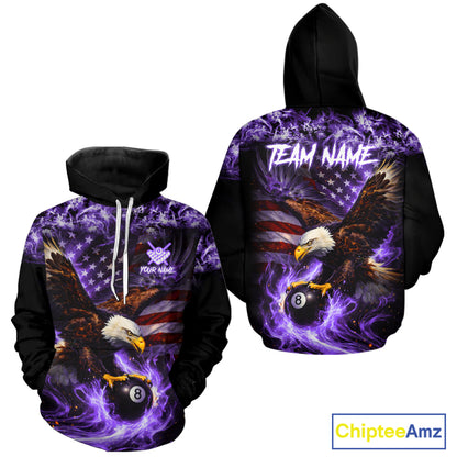 Purple Flaming Eagle 8 Ball Pool Hoodie For Men And Women Custom American Flag Billiard Hoodie TDM5728