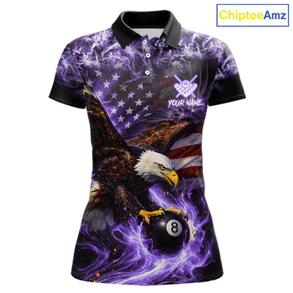 Purple Flaming Eagle 8 Ball Pool Billiard Shirt For Women Custom American Flag Billiard Team Jersey TDM5728