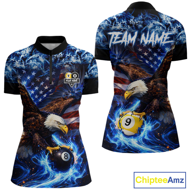 Blue Flaming Eagle 8 Ball 9 Ball Pool Billiard Shirt For Women Custom American Flag Billiard Jersey TDM5729