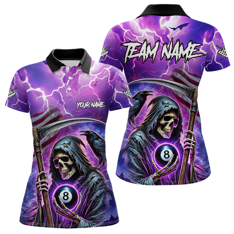 Death Skeleton Purple Galaxy Thunder Lightning Billiard Shirt For Women Custom 8 Ball Billiard Jersey TDM3725