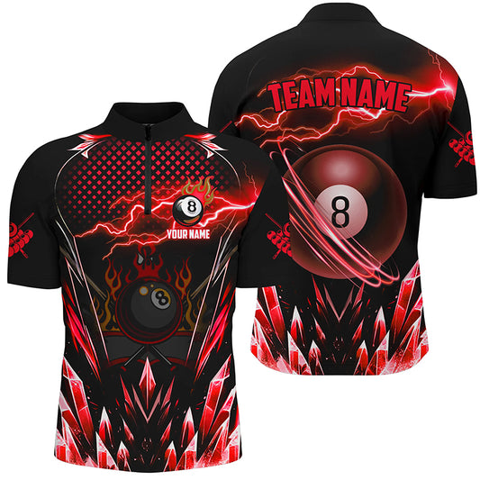 Custom Red Icy Lightning 8 Ball Pool Men Quarter-Zip Shirts, Billiard Team League Jersey TDM1442
