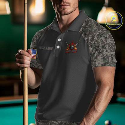 Personalized Retro Camo US Flag Billiard Shirt For Men, 8 Ball Pool Team Jersey Polo & 1/4 Zip TDM6336