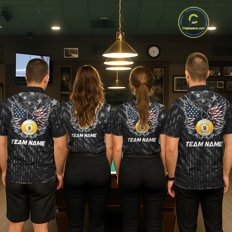 Black US Flag 9 Ball Pool Wings Billiard Shirt For Men Custom Billiard Team Jersey Polo & 1/4 Zip TDM6340