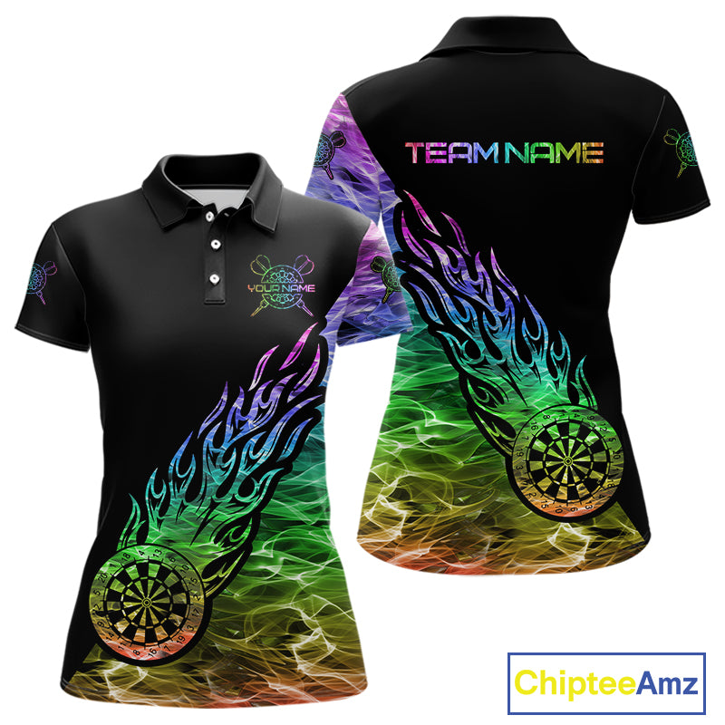 Colorful Rainbow Fire Flame Darts Polo & Quarter Zip Custom Dart Shirt For Women Dart Jerseys TDM3995