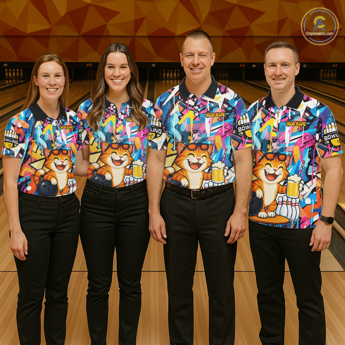 Funny Cat Colorful Graffiti Bowling Shirts For Women, Best Bowling Team Jersey Polo & 1/4 Zip TDM6513