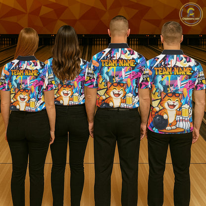 Funny Cat Colorful Graffiti Bowling Shirts For Women, Best Bowling Team Jersey Polo & 1/4 Zip TDM6513