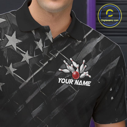 Close-up of a black American flag wings bowling polo shirt collar, buttons, and patriotic artwork.