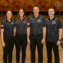 Load image into Gallery viewer, Bowling team wearing matching black American flag wings bowling jerseys during league competition front view.
