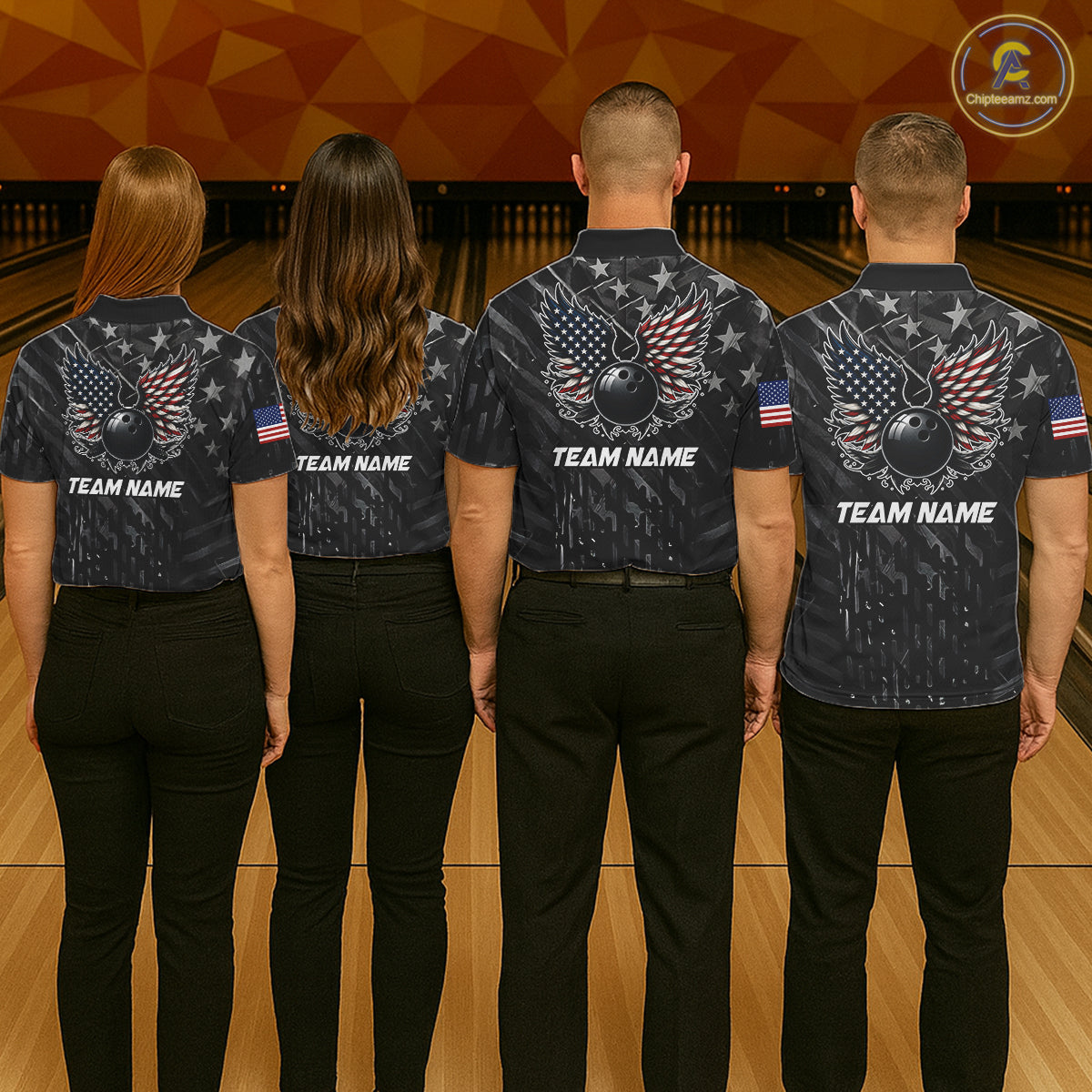 Back view of bowling team wearing matching patriotic bowling shirts in a bowling alley.