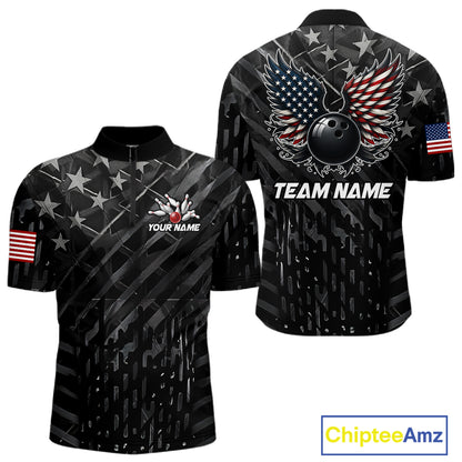 Black American flag wings bowling quarter zip shirt for men built for league play and tournaments.