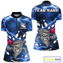 Load image into Gallery viewer, Blue thunder lightning tornado bowling quarter zip shirt for women designed for league tournaments and team events.