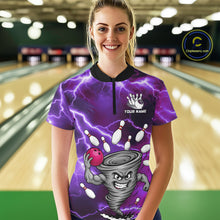 Load image into Gallery viewer, Woman wearing a purple thunder lightning tornado bowling quarter zip jersey during league competition front view.