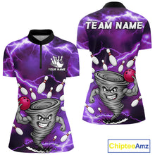 Load image into Gallery viewer, Purple thunder lightning tornado bowling quarter zip shirt for women designed for league tournaments and team events.