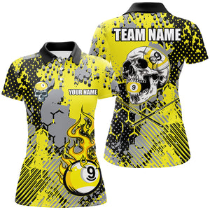 Grunge Yellow 9 Ball Pool Paint Dot Pattern Custom Women Billiard Shirt, Skull 9 Ball Billiard Jersey TDM2743