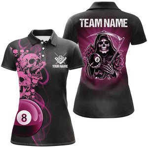 Funny Skull And Rose Custom 8 Ball Billiard Shirts For Women, Pink Black Scary Billiard Jerseys TDM2747