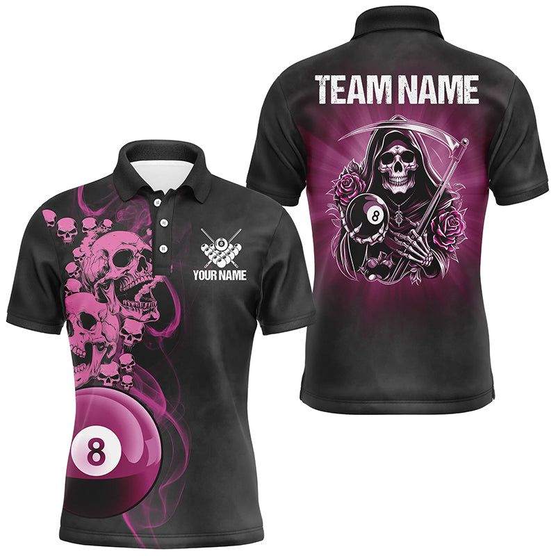 Funny Skull And Rose Custom 8 Ball Billiard Shirts For Men, Pink Black Scary Billiard Jerseys TDM2747