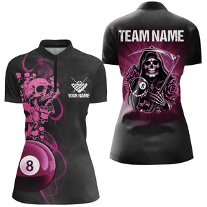 Funny Skull And Rose Custom 8 Ball Billiard Shirts For Women, Pink Black Scary Billiard Jerseys TDM2747