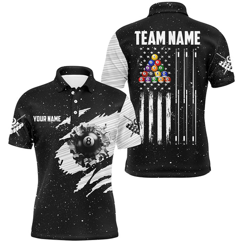 Customized Black White Grunge American Flag 8 Ball Pool Men Billiard Shirts, Patriotic Pool Jerseys TDM2985