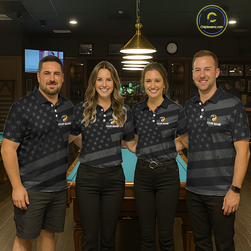 Black US Flag Yin-Yang 8 Ball & 9 Ball Custom Billiard Shirts For Men, Billiard Team Jersey TDM5460