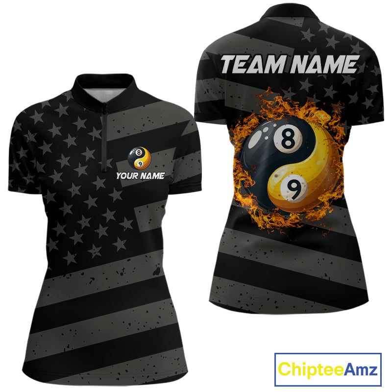 Black US Flag Yin-Yang 8 Ball & 9 Ball Custom Billiard Shirts For Women, Billiard Team Jersey TDM5460