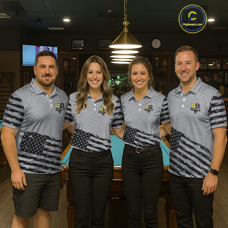 Grey US Flag Yin-Yang 8 & 9 Ball Billiard Shirt For Women Custom Pool Team Jersey Polo & 1/4 Zip TDM5463