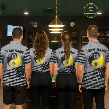 Grey US Flag Yin-Yang 8 & 9 Ball Billiard Shirt For Women Custom Pool Team Jersey Polo & 1/4 Zip TDM5463