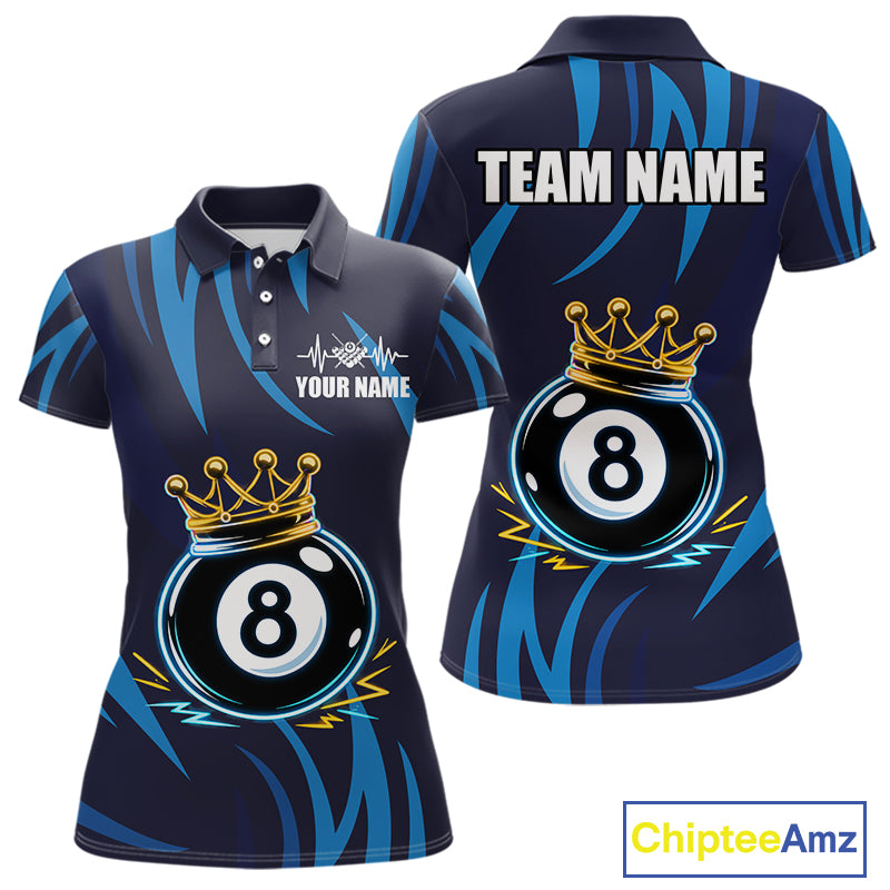 Blue Funny 8 Ball Pool Crown Neon Billiard Shirt For Women Custom Billiard Team Jersey Polo, 1/4 Zip TDM5737