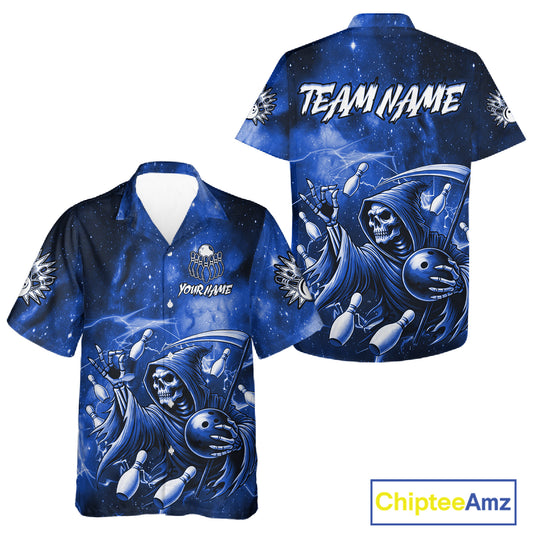 Funny Blue Grim Reaper Galaxy Hawaiian Bowling Shirt For Women Custom Bowling Team Jersey Outfit TDM6079