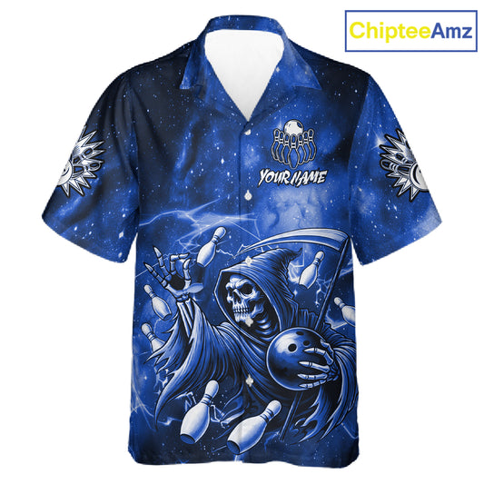 Funny Blue Grim Reaper Galaxy Hawaiian Bowling Shirt For Women Custom Bowling Team Jersey Outfit TDM6079