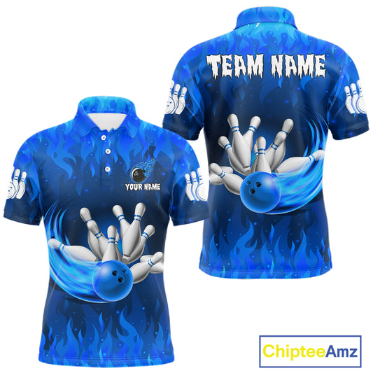 Personalized Flame Blue Bowling Shirt For Men Custom Fire Bowling Team Jersey Polo & 1/4 Zip TDM6090