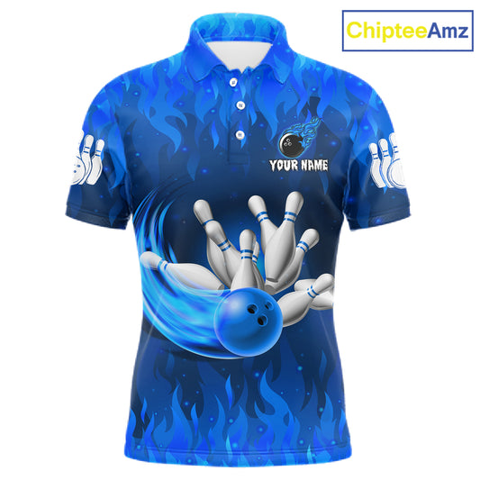 Personalized Flame Blue Bowling Shirt For Men Custom Fire Bowling Team Jersey Polo & 1/4 Zip TDM6090