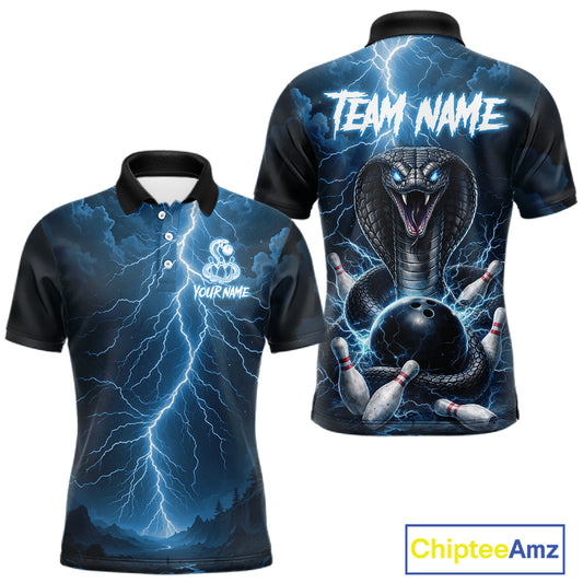 Custom Blue Lightning Cobra Snake Bowling Shirt For Men, Bowling Team Jersey Polo & 1/4 Zip TDM6350