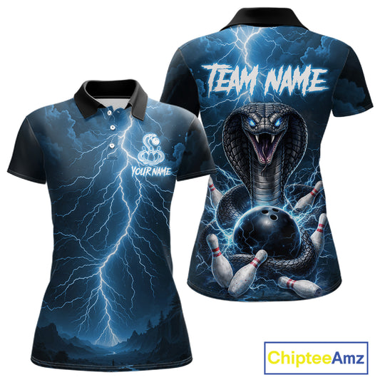 Custom Blue Lightning Cobra Snake Bowling Shirt For Women, Bowling Team Jersey Polo & 1/4 Zip TDM6350