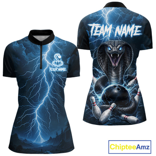 Custom Blue Lightning Cobra Snake Bowling Shirt For Women, Bowling Team Jersey Polo & 1/4 Zip TDM6350