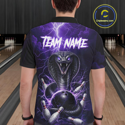 Custom Purple Lightning Cobra Snake Bowling Shirt For Men, Bowling Team Jersey Polo & 1/4 Zip TDM6351