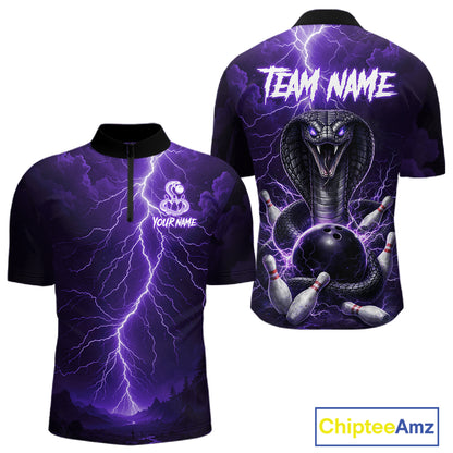 Custom Purple Lightning Cobra Snake Bowling Shirt For Men, Bowling Team Jersey Polo & 1/4 Zip TDM6351