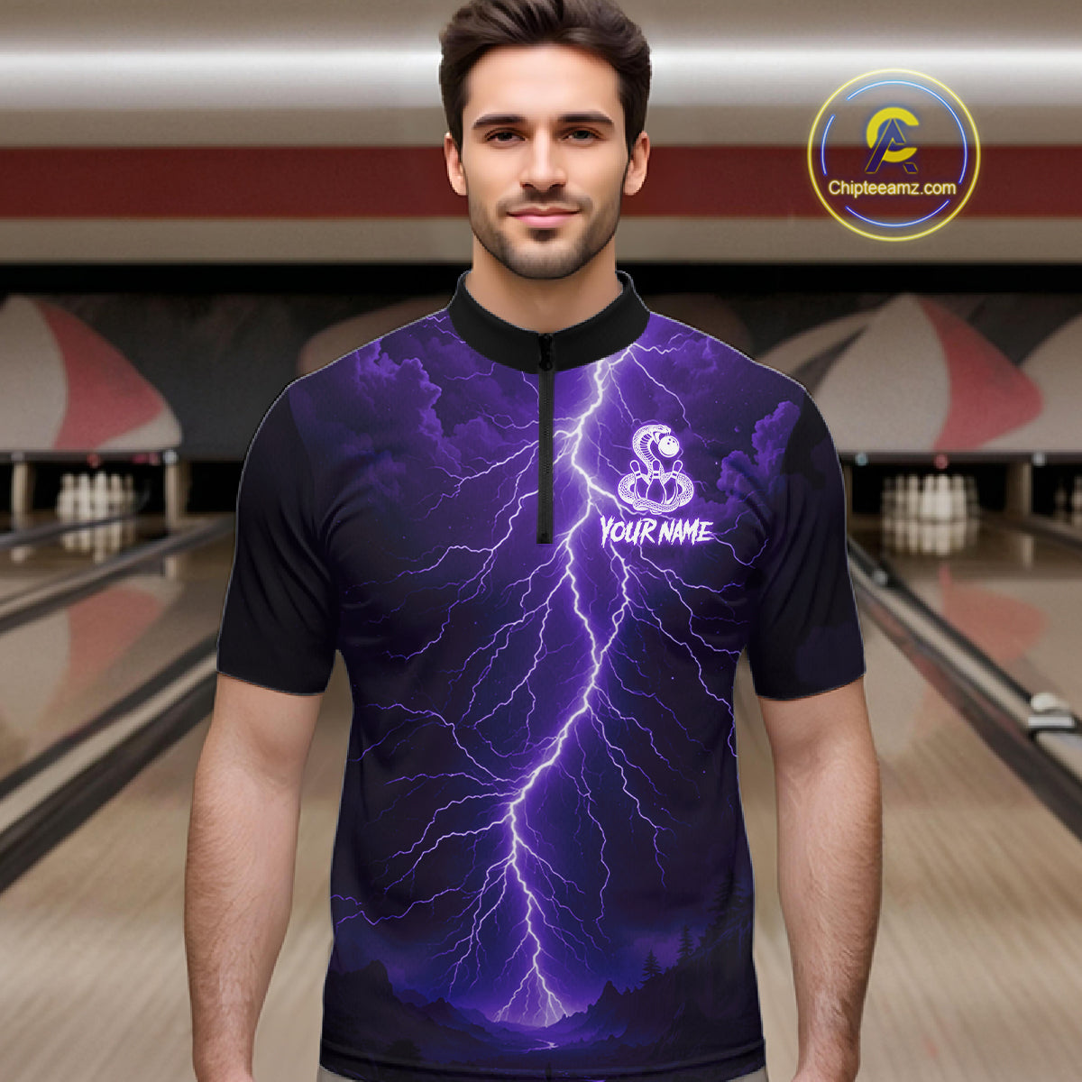 Custom Purple Lightning Cobra Snake Bowling Shirt For Men, Bowling Team Jersey Polo & 1/4 Zip TDM6351