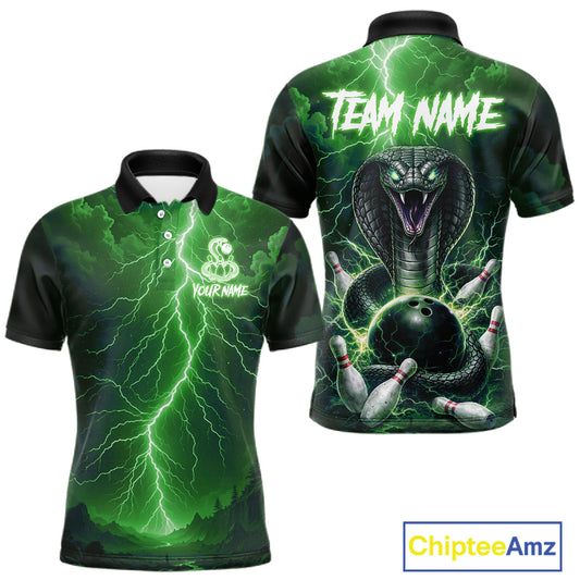 Custom Green Lightning Cobra Snake Bowling Shirt For Men, Bowling Team Jersey Polo & 1/4 Zip TDM6352