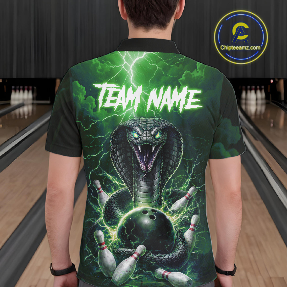 Custom Green Lightning Cobra Snake Bowling Shirt For Men, Bowling Team Jersey Polo & 1/4 Zip TDM6352
