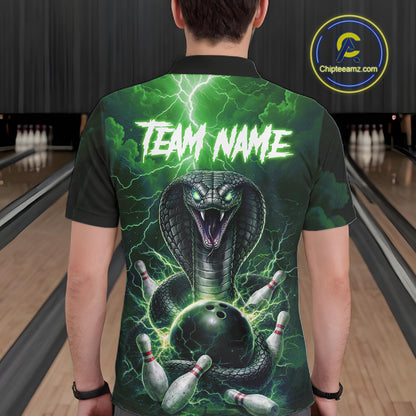 Custom Green Lightning Cobra Snake Bowling Shirt For Men, Bowling Team Jersey Polo & 1/4 Zip TDM6352