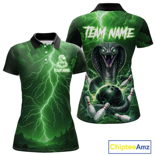 Custom Green Lightning Cobra Snake Bowling Shirt For Women, Bowling Team Jersey Polo & 1/4 Zip TDM6352