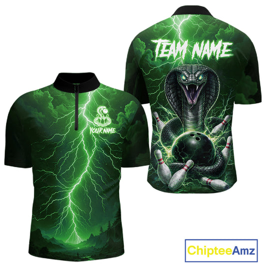 Custom Green Lightning Cobra Snake Bowling Shirt For Men, Bowling Team Jersey Polo & 1/4 Zip TDM6352
