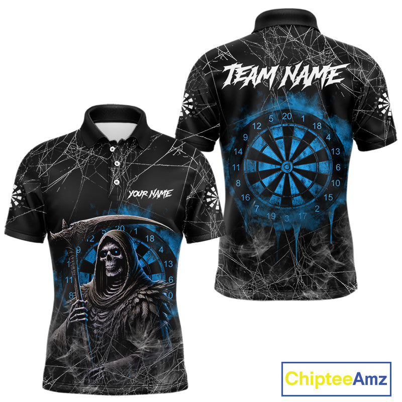 Black And Blue Grim Reaper Smoke Funny Dart Shirts For Men Custom Dart Jerseys, Darts Clothing TDM4005