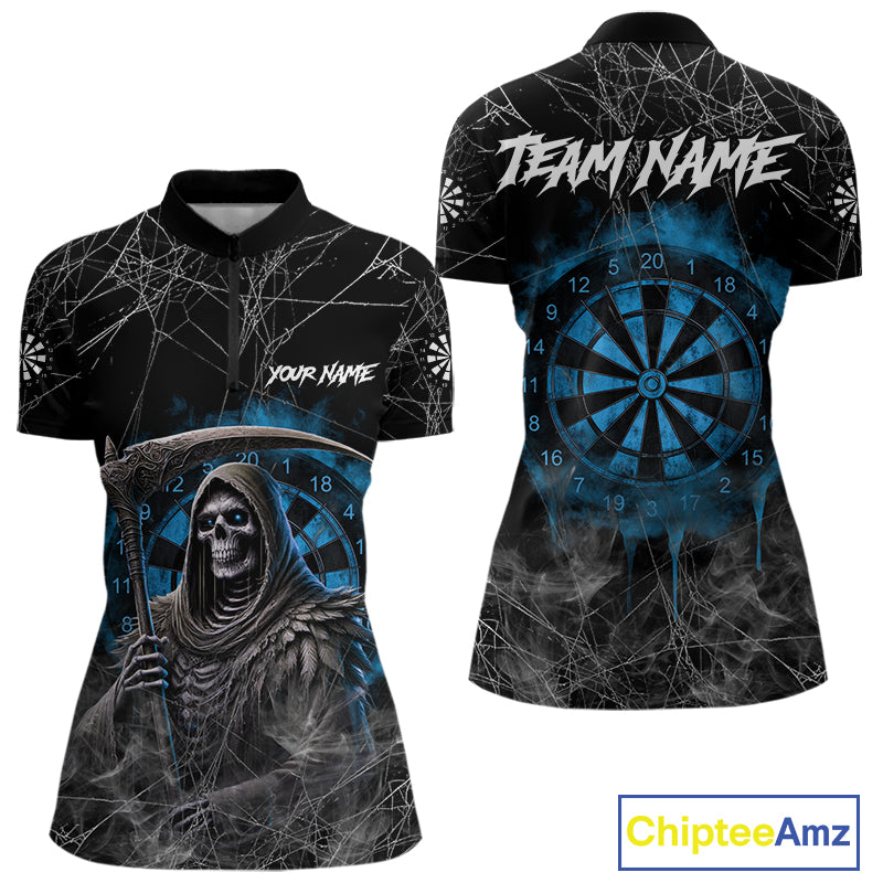 Black And Blue Grim Reaper Smoke Funny Dart Shirts For Women Custom Dart Jerseys, Darts Clothing TDM4005