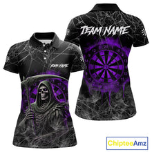 Load image into Gallery viewer, Black And Purple Smoke Grim Reaper Funny Dart Shirts For Women Custom Dart Jerseys, Darts Clothing TDM4006