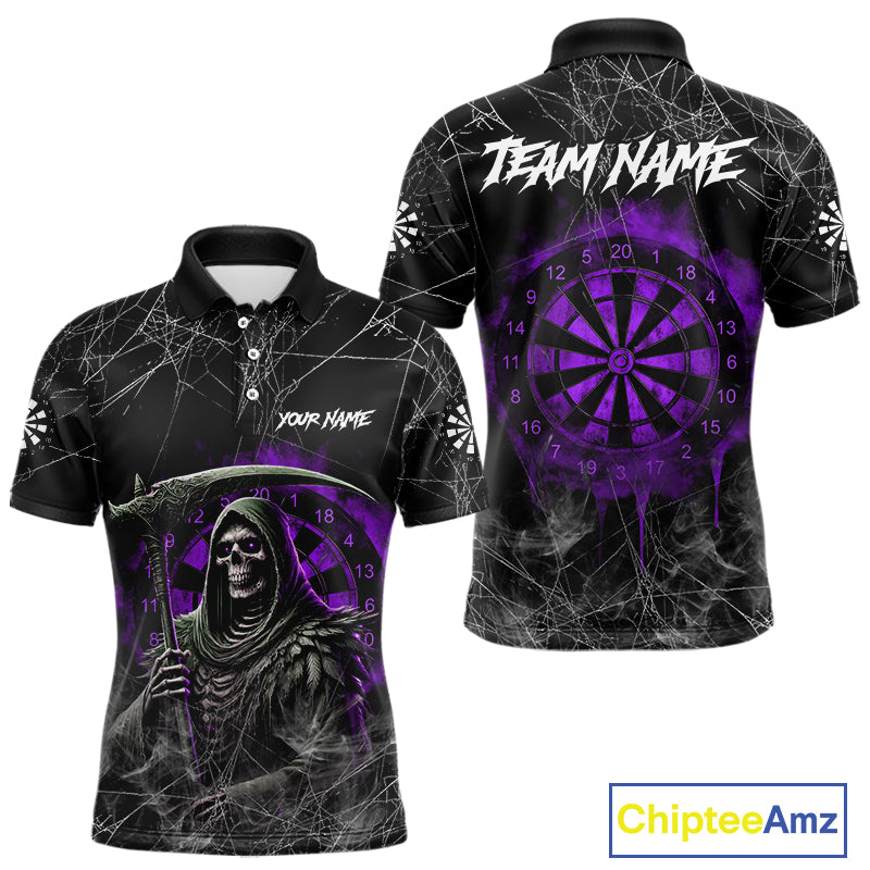 Black And Purple Smoke Grim Reaper Funny Dart Shirts For Men Custom Dart Jerseys, Darts Clothing TDM4006