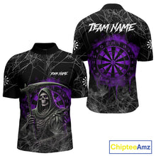 Load image into Gallery viewer, Black And Purple Smoke Grim Reaper Funny Dart Shirts For Men Custom Dart Jerseys, Darts Clothing TDM4006